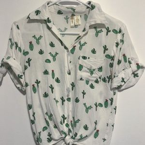 Fun cactus button up shirt, with knot